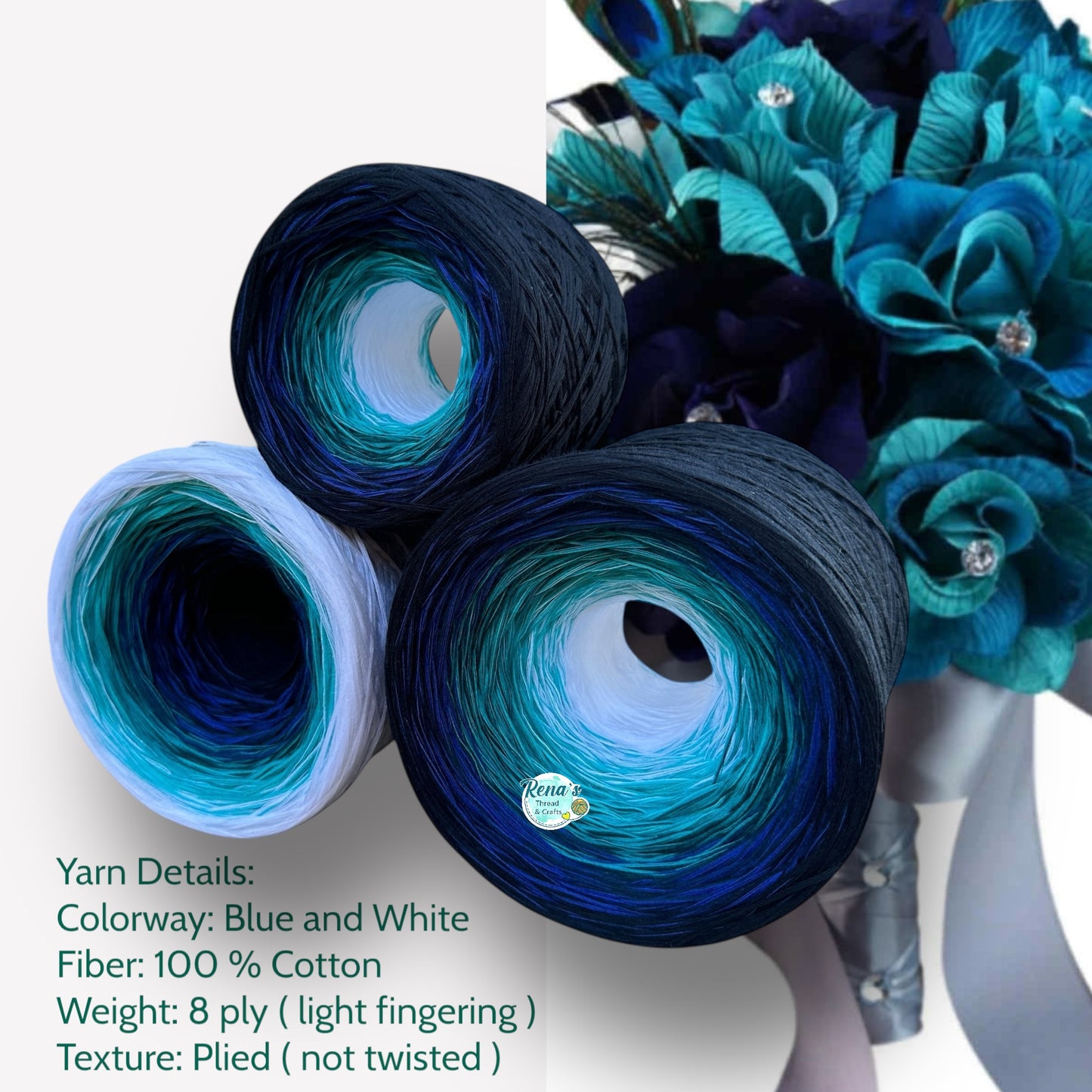 Tied With Love : Blue and White , Gradient Cotton Natural Fiber Yarn - Rena'sThreadandCrafts
